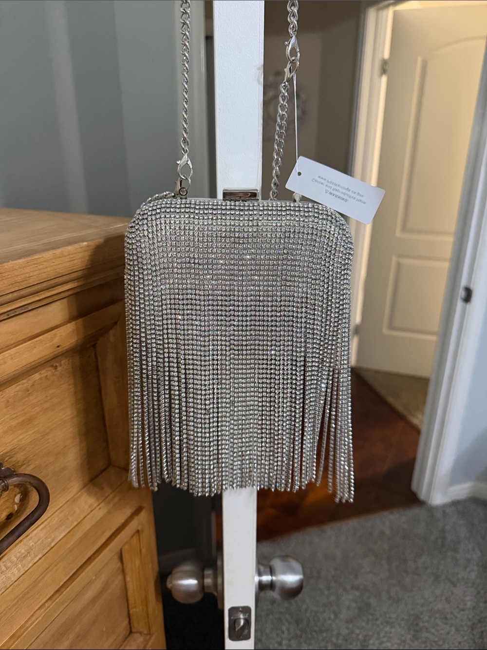 Silver Rhinestone Fringe Evening Clutch with Chain Strap